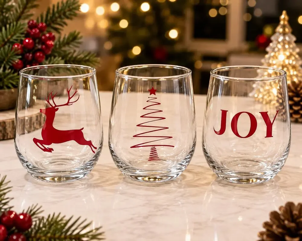 Handmade Christmas Tree Stemless Wine Glass – Holiday Tumbler – Brand New SET 3